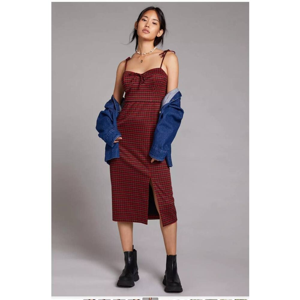 New Anthropologie by Hutch Plaid Midi Dress $198 MEDIUM Red Side Slit Zip Back